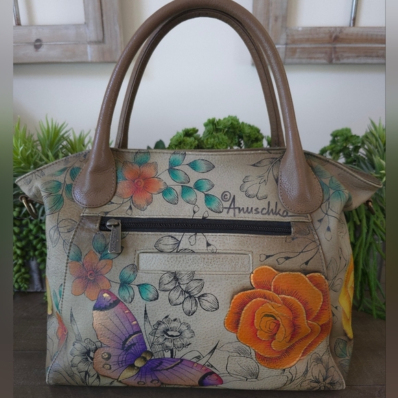 Anuschka Hand Painted Leather Satchel - Floral And Butterfly Design - Picture 15 of 16